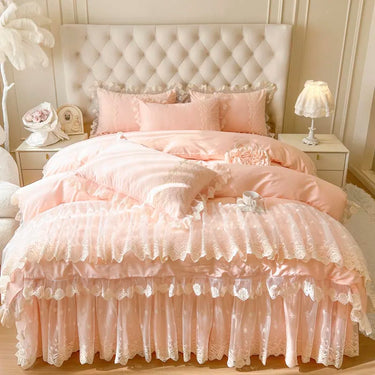 Pink Romantic Korean Princess Lace Ruffles Duvet Cover Set, Cotton Bedding Set